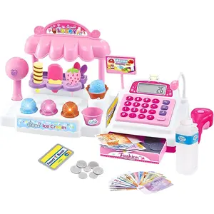 Mini Cash Register Pretend Play Set with Desserts, Working Scanner, Calculator, Microphone, Money and Credit Card