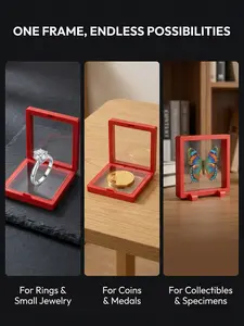 5-Pack (11cm×11cm) 3D Red Floating Display Cases, Dustproof Jewelry Packaging, Transparent Hanging Storage Boxes with Elastic Membrane, for Necklaces, Bracelets, Rings, Coins, Earrings & Brooches, Suitable as Gift Boxes for Retail and Personal Use
