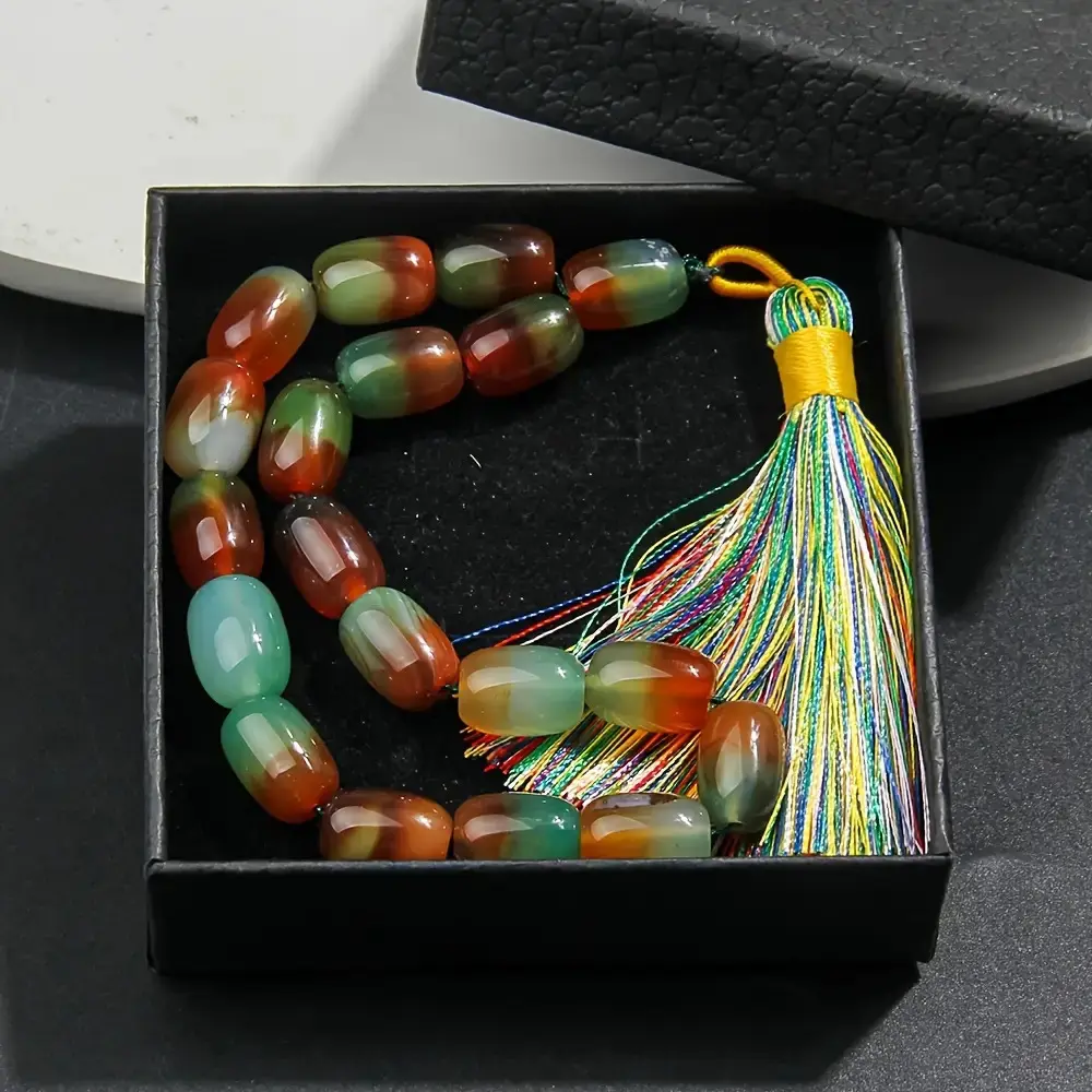 18pcs 10*14mm Green Natural Stone Beads Islamic Prayer Beads, Misbaha Tasbih Tasbeeh Masbaha Sibha with Dual Color Tassel Pendant Options, Unique Handcrafted Beaded Bracelet for Unisex, Suitable for Daily Use and Festive Gifts - Comes with Premium Gift Bo