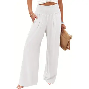 ANRABESS Women Palazzo Pants Summer Flowy Wide Leg High Waist Lounge Trousers with Pockets 2026 Beach Vacation Outfit
