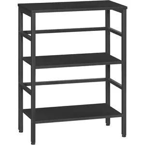 Three-tier bookshelf, industrial-style bookcase, record storage rack with side rails, wooden storage rack with metal frame, vintage-style open display shelf, suitable for living room, bedroom, black