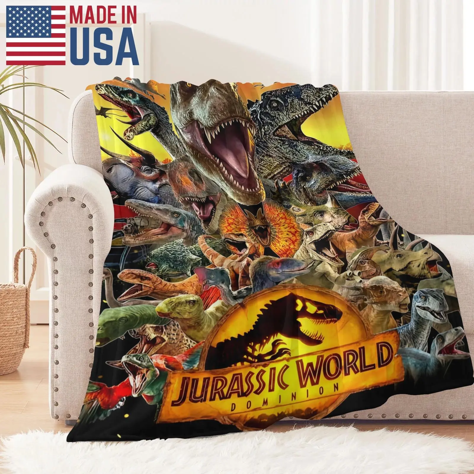 Dinosaur Collage Fleece Throw Blanket, Prehistoric Giant Dino Portrait Flannel Blanket Kids Bedroom Decor Roaring Prehistoric Dinosaurs Plush Blanket, Multiple Species Dino Group Graphic Cozy Warm Throw Blanket