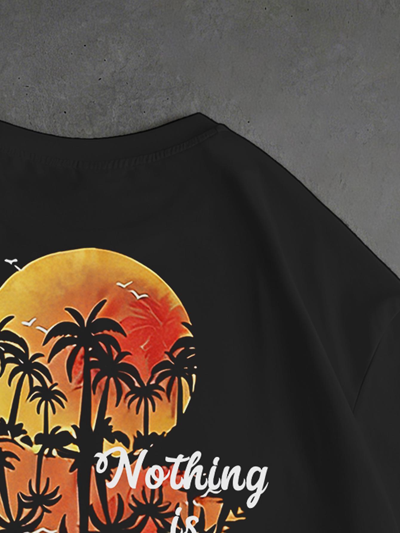 3-pack unisex; new men’s summer T-shirt; trendy design featuring a retro sunset palm tree graphic, shark mouth print, and letter slogan; black/white soft short-sleeve streetwear style—perfect for summer wear.