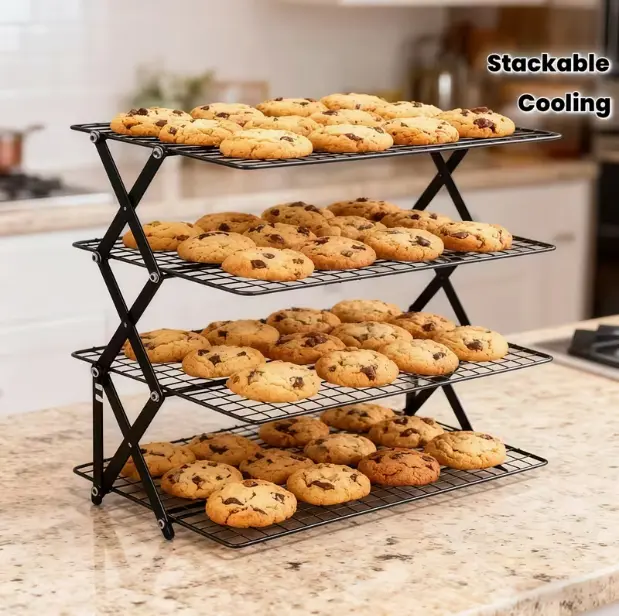 4-Tier Collapsible Cooling Rack with 4 Adjustable Settings, Stackable Baking Wire Rack for Cooking, Roasting, Cake, Camping, Space-Saving Metal Stand