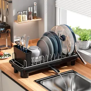 Small Dish Drying Rack with Removable Utensil Holder & Anti-Scratch Base - Stainless Steel Dish Drying Rack with Drainage & Space Saving Design for Kitchen Counter, Black