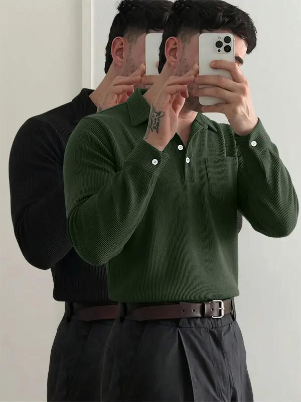 Men’s 2-pack corduroy long-sleeve polo shirts for spring/fall, loose casual fit, versatile for business travel, summer business style, Soho Chic
