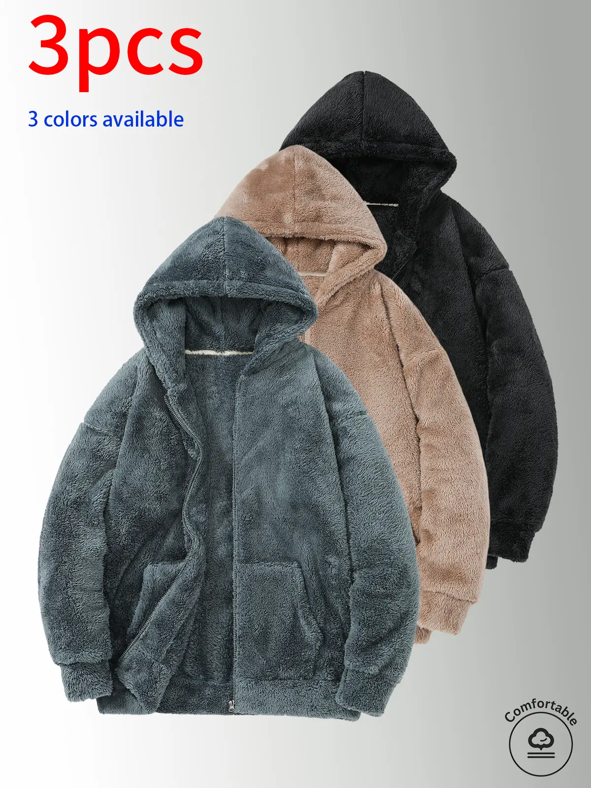 3-pack men’s open-front jackets, men’s jackets. Autumn/Winter soft and plush Polar Fleece hooded cardigan—warm and cold-resistant for winter, with side pockets that can hold small items. Loose fit suitable for both men and women; ideal for home sleepwear,