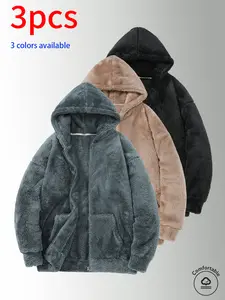 3-pack men’s open-front jackets, men’s jackets. Autumn/Winter soft and plush Polar Fleece hooded cardigan—warm and cold-resistant for winter, with side pockets that can hold small items. Loose fit suitable for both men and women; ideal for home sleepwear,