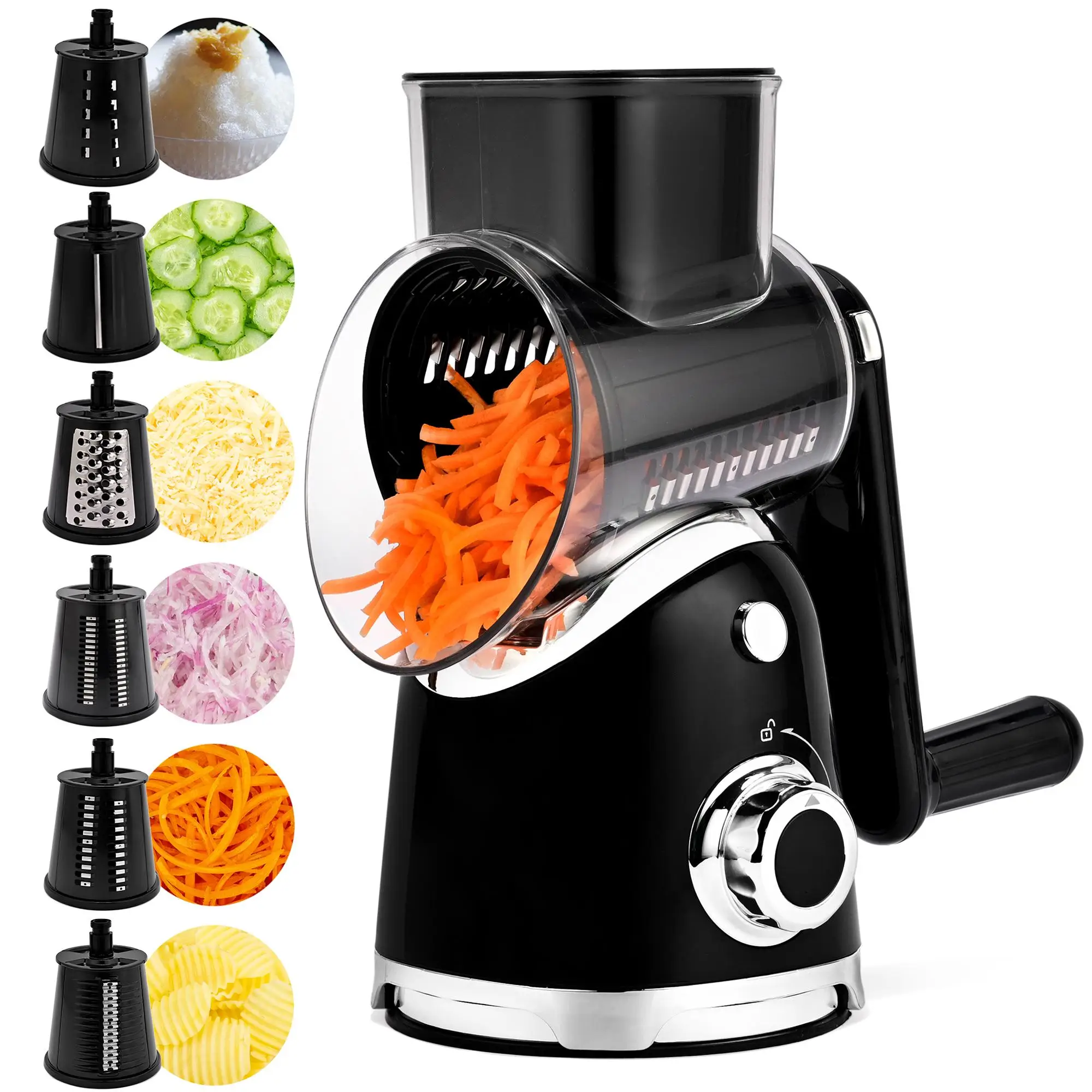 SUSTEAS Vegetable Food Chopper with 6 Design Blades, Powerful Suction Cup Base, 1 Blade Storage Rack & Rotating Cheese Gyro Cutter Kitchen Utensils