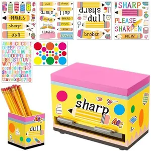 8 Pcs Back to School Teacher Gift Include Wooden Pencil Dispenser& Pencil Holder Sharp and Dull Letter Stickers, Multicolor DIY Pencil Storage Box with Lid for Classroom Stationery Table Organizer, Pre K to Middle School First Day of School Teacher Gift