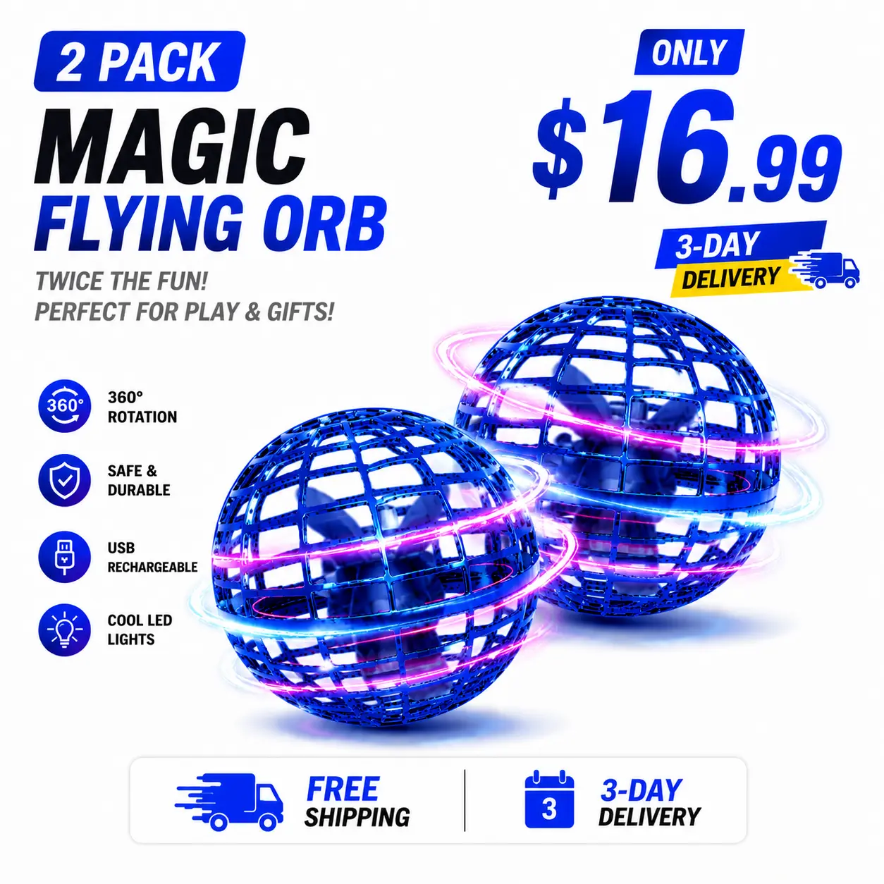 2 PACK Levitating Induction Flying Ball, Cosmic Fly Ball ,UFO magic flying ball toy with lights,Glow Gyro for Fingertip Play, Sports & Outdoor Training Ball,Cool toy for 6-12s & teens