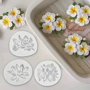 3 Pack Flower Silicone Fondant Molds Frangipani Plumeria Flower Silicone Mold Gardenia Mold For Cake Decorating Cupcake Topper Candy Polymer Clay Chocolate Gum Paste