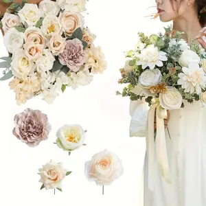 1set Simulated Roses Combo White Flowers Mix Flowers Dahlia Roses with Stems for DIY Wedding Bridal Bouquets, Christmas Birthday Party Floral Arrangement, Table Centerpieces