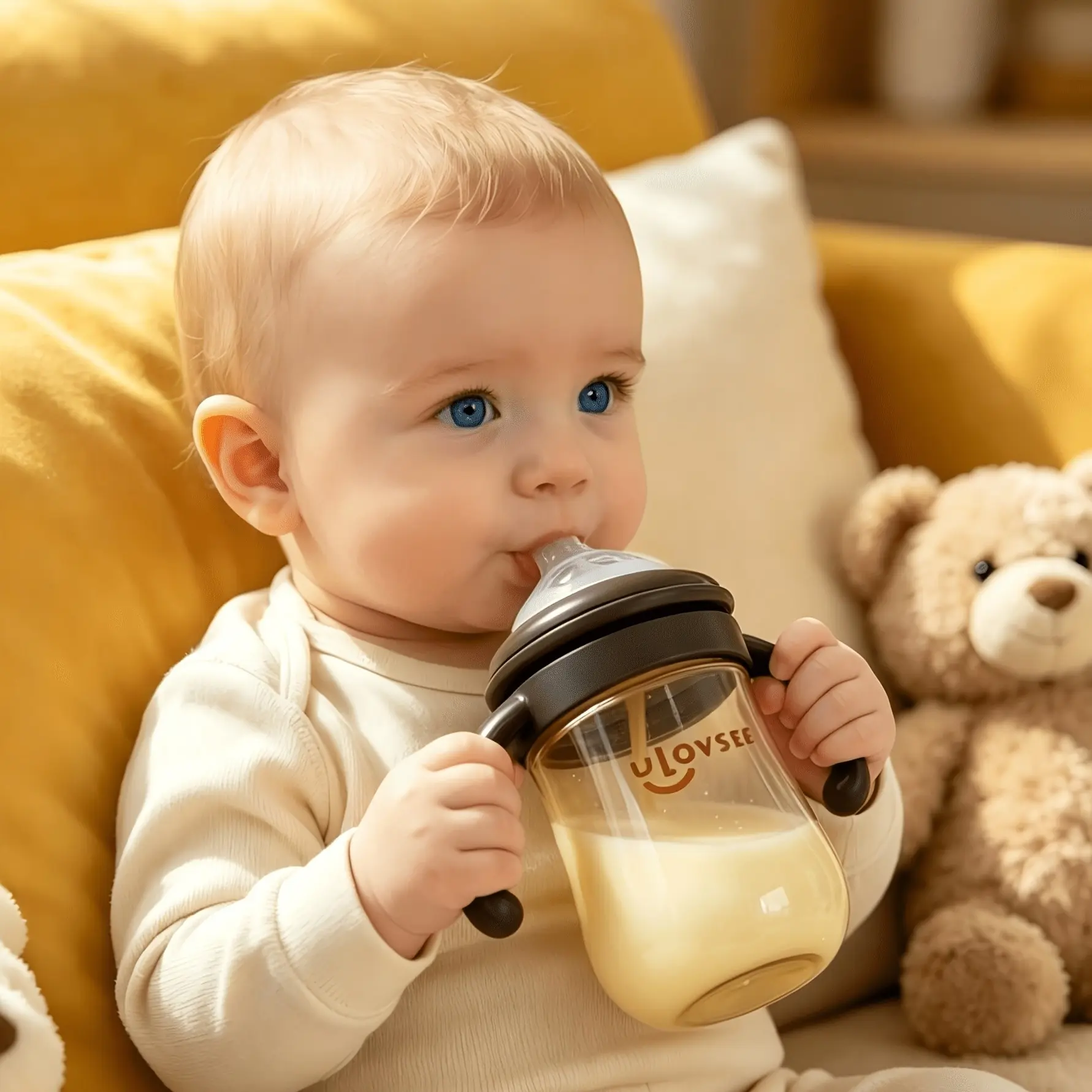 4oz/8oz Cute Bear-Ear Baby Bottle with Handle and Weighted Straw, Wide Neck Feeding Bottle, Easy Clean Milk Bottle for Babies, Weighted Straw Sippy Cup Toddler Sippy Cups, Toddler Bottles