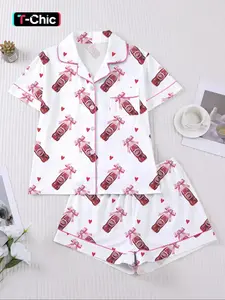 Women's Dr Pepper Sleepwear Set, Loungewear Homewear Pajamas Set, Soft Cartoon Print Fabric, Casual Fitted Design, Perfect for Home & Travel, Comfortable Party Wear