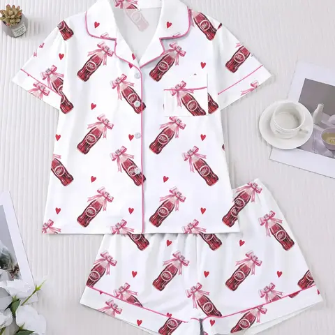 Women's Dr Pepper Sleepwear Set, Loungewear Homewear Pajamas Set, Fitted Pajama Sets, Soft Cartoon Print Fabric, Casual Fitted Design, Perfect for Home & Travel, Comfortable Party Wear, Pyjamas