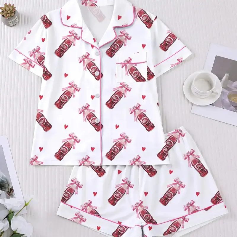Women's Dr Pepper Sleepwear Set, Loungewear Homewear Pajamas Set, Fitted Pajama Sets, Soft Cartoon Print Fabric, Casual Fitted Design, Perfect for Home & Travel, Comfortable Party Wear, Pyjamas