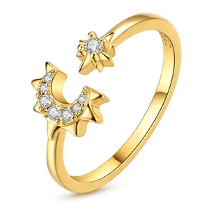 MULA 925 Sterling Silver Gold Plated Moon and Star Adjustable Ring with Sparkling Zircon - Celestial Jewelry Gift for Women, Teens on Birthday, Anniversary, Valentine's Day and Christmas