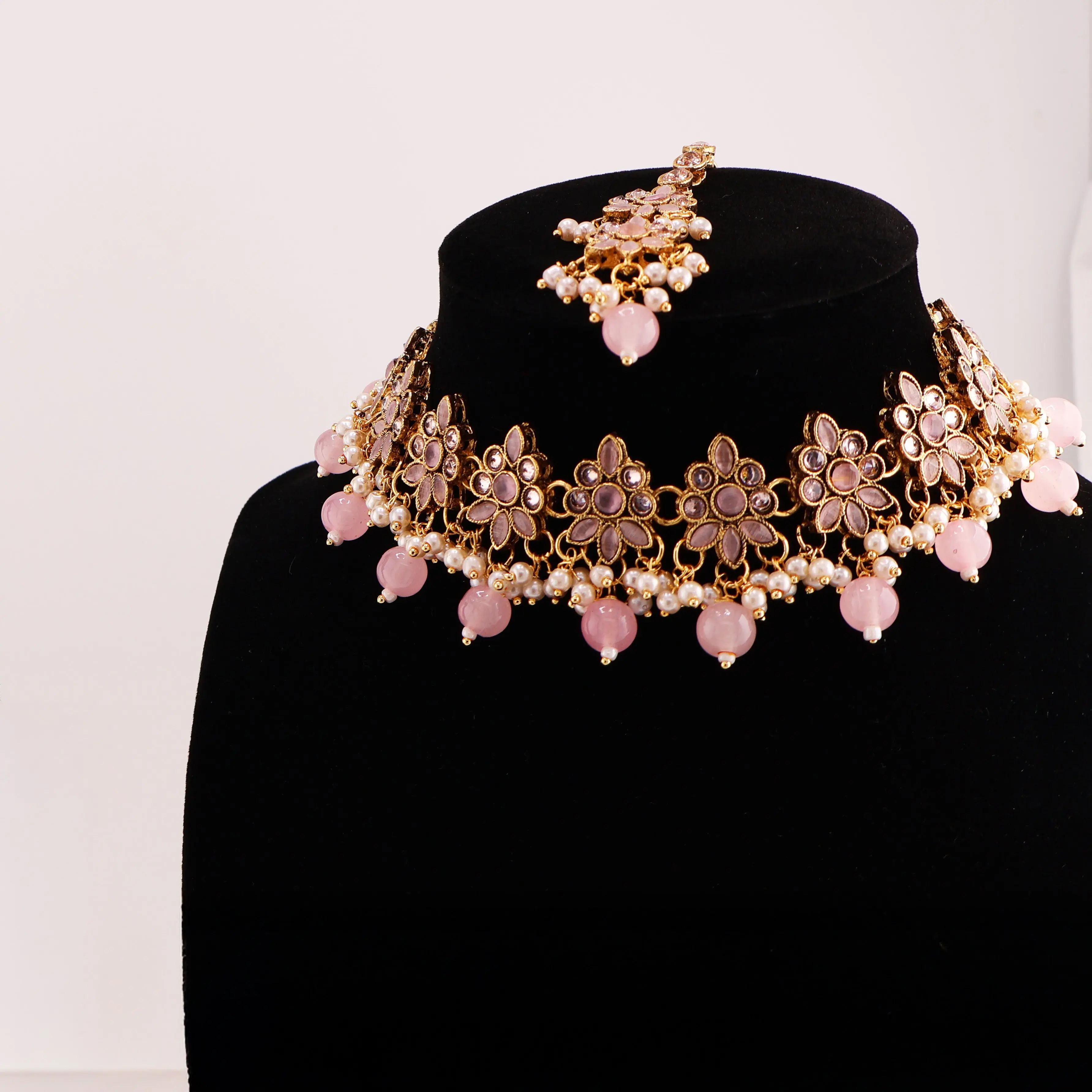 SARA Pink & Antique Gold Kundan Necklace Set with Earrings | South Asian Indian Pakistani Nikah Bridal Jewelry