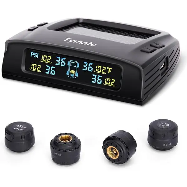 Tymate TM2 RV Tire Pressure Monitoring System, Tire Pressure Monitor with Solar Charge, TPMS with 4 Sensors(Max. 10) & 6 Alarm Modes, New Updated w/Color LCD Display, 0-87PSI for RV/Trailer/Truck/SUV
