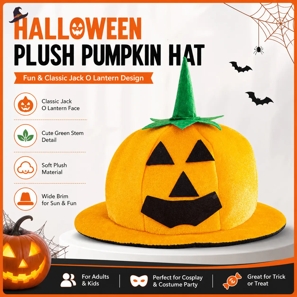 Halloween Plush Pumpkin Hat For Adults Kids, Classic Jack O Lantern Ghost Face Dome Hat With Green Stem, Funny Wide Brim Pumpkin Costume Hat For Halloween Party Cosplay Trick Or Treat
