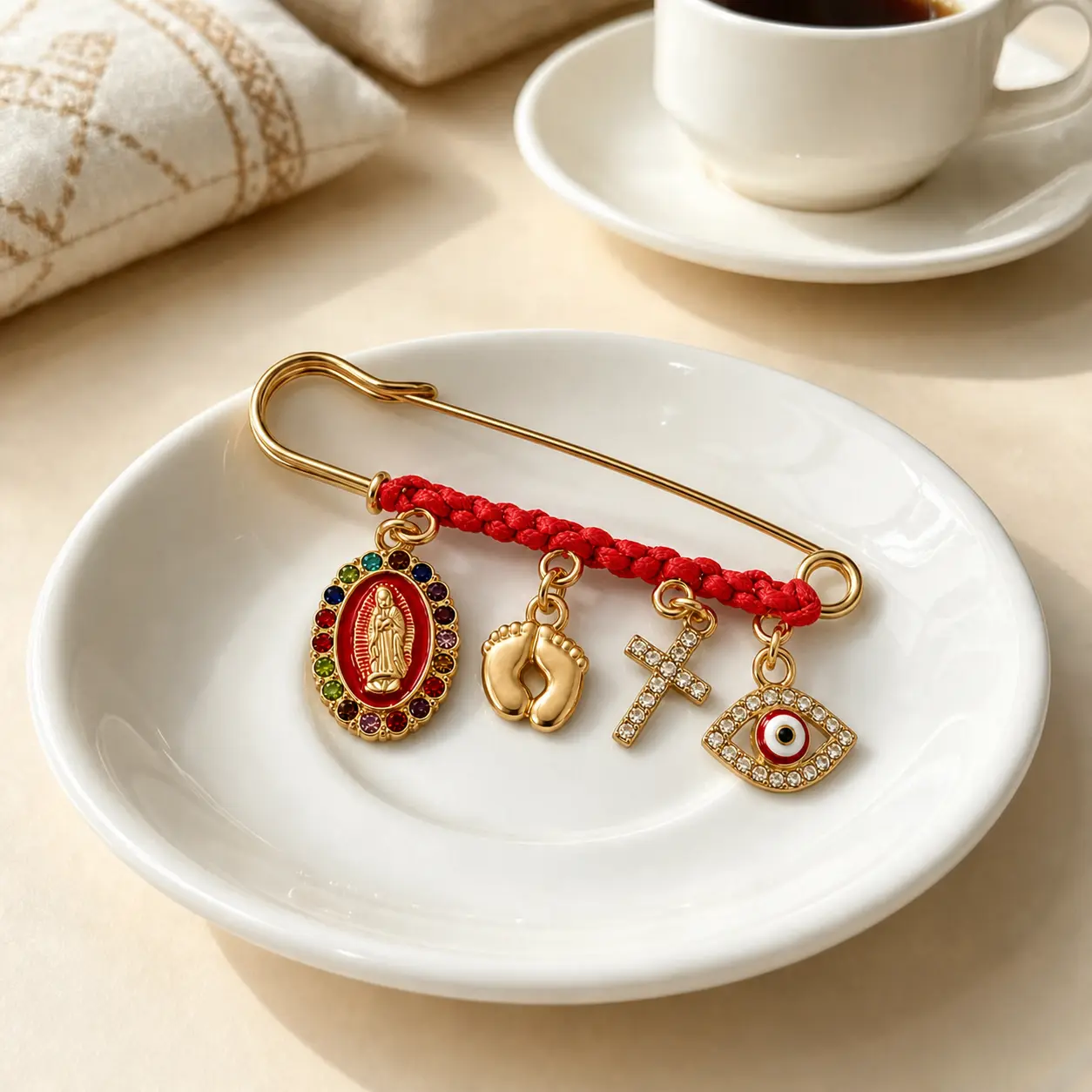September Laurel Gold Maternity Safety Pin Brooch for Pregnancy & Baby Protection, Red Cord Religious Charm Pin with Virgin Mary, Baby Feet, Cross & Evil Eye Pendant