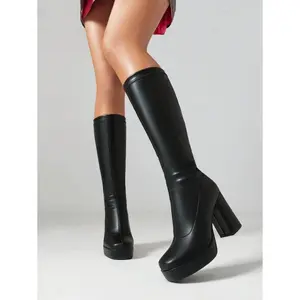 Women's Knee-High Elastic Boots, Square Toe, Water-Resistant Platform, Chunky Heels For Fall And Winter