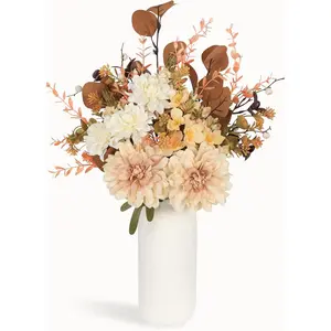 Artificial Fall Flowers Bouquet in Ceramic Vase, Faux Brown Flower Centerpieces for Coffee Table Decorations, Fake Silk Floral Arrangements for Thanksgiving Living Dining Room Bedroom Decor