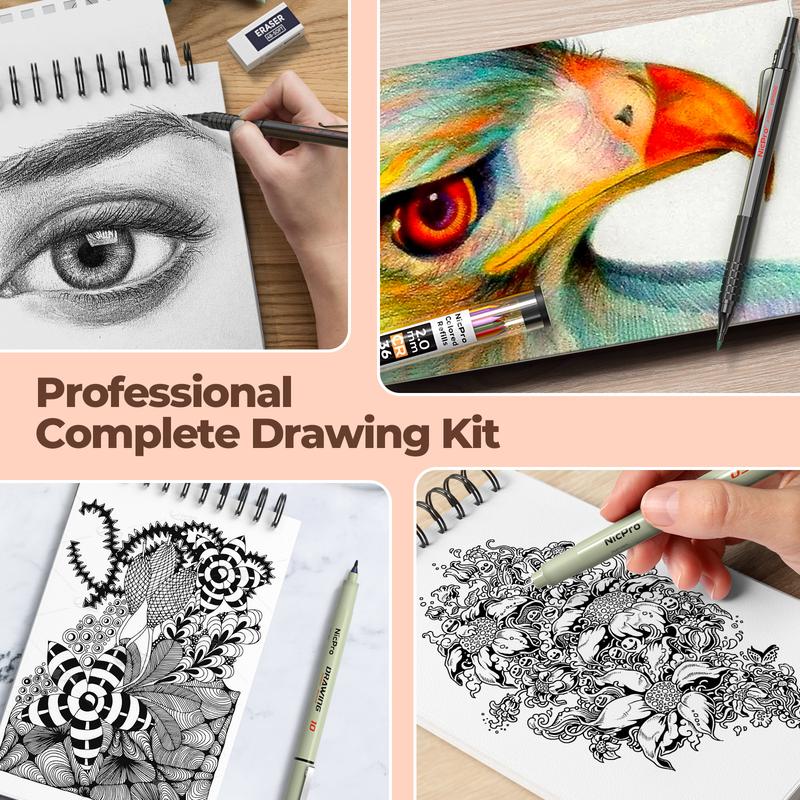 Nicpro 58 PCS Art Drawing Supplies Kit in Leather Case, Art Mechanical Pencil Set with Metal Drafting Pencil  0.5 & 0.7 & 0.9 & 2mm, 12 Micron Pen, Sketch Book, 30 Tube Lead Refills for Sketching