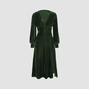 Cider [size 2-10] Velvet Solid V-neck Split Midi Dress With Mini Balls