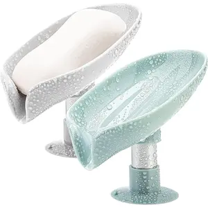 2Pack Leaf-Shape Self Draining Soap Holder - No Punch Easy Clean Bar Soap Dish with Suction Cup, Suitable for Shower Bathroom Kitchen Sink (Grey + Green)