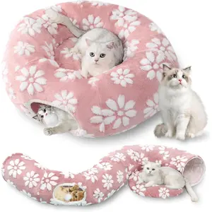 Tunnel for Indoor Cats, Cute Peekaboo  Cave with Dangling Balls, Pet Donut Tunnel Bed with Circle Mat for Puppy Kitten , Pink