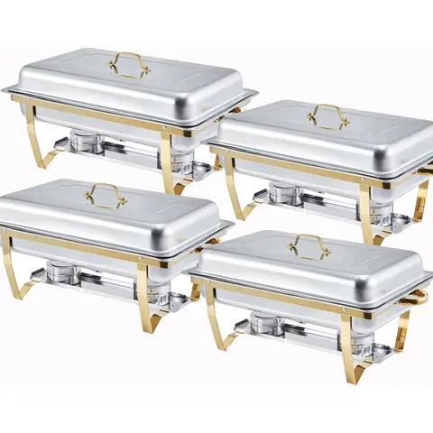 4-Pack Stainless Steel Square Chafing Dish Complete Set - Restaurant Kitchenware Hot/Cold Food Warmer with Foldable Frames, 4-Pan Capacity for Desserts, Mirror-Finish Presentations, Weddings, Corporate Parties