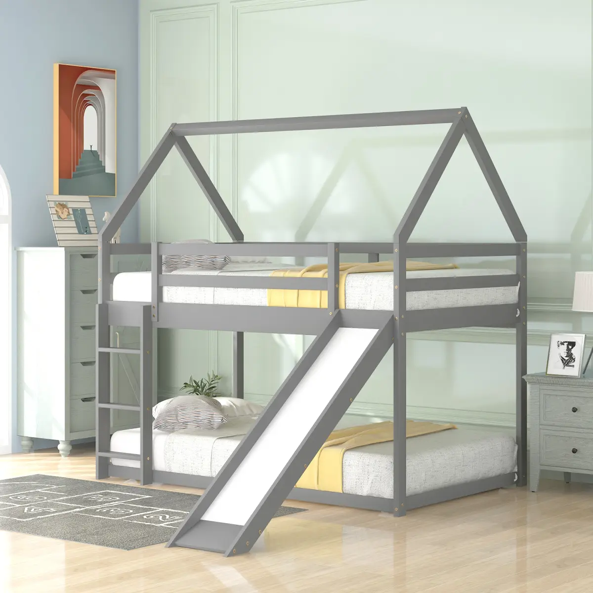 Gray Twin Size Bunk Bed - House Form Design with Slide, Ladder, Pine & MDF Construction, Tools Provided (Twin Bunk Beds for Kids’ Bedroom)