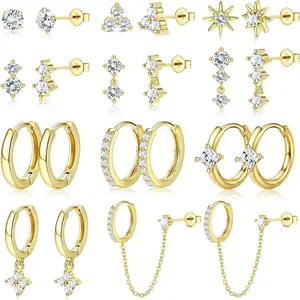 Thunaraz 11/12 Pairs Women's 14K Gold Plated Small Earrings Fashion Zircon Cartilage Stud Earrings Set