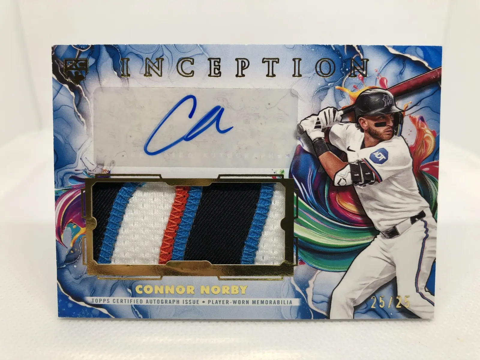 2025 Topps Inception Connor Norby Rookie Patch Auto (RPA) /25 Autograph - MIA Marlins Bookend Sports Trading Card