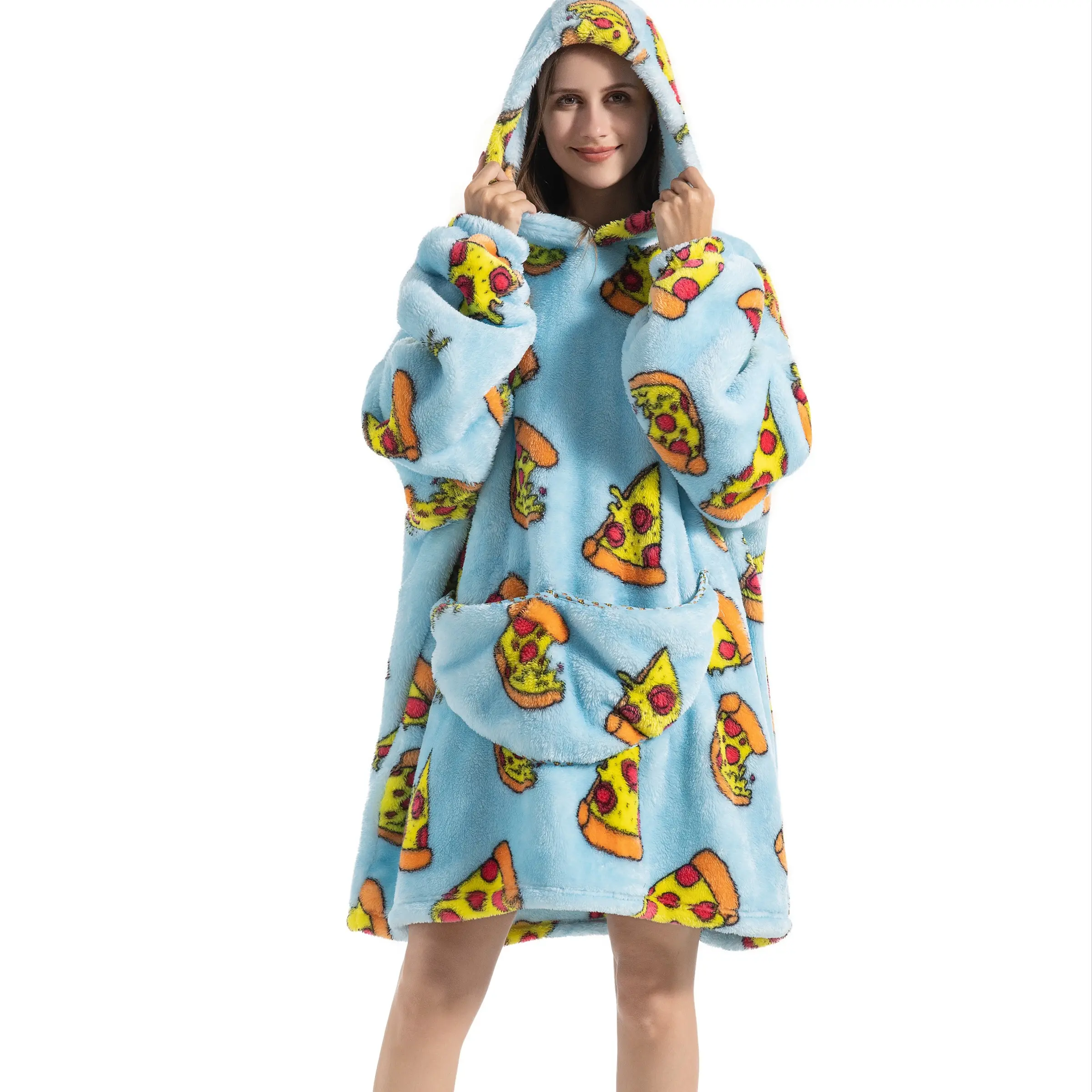 Pizza Print Hooded Wearable Throw Blanket for Men and Women, with Large Pocket, Soft and Cozy Essential for Autumn Winter, One Size Fits All