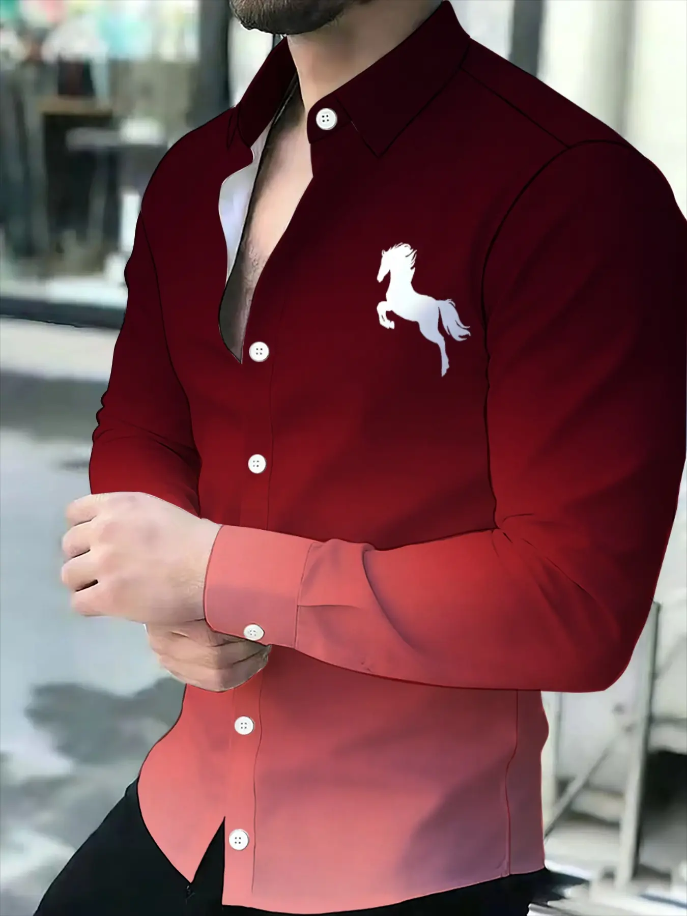 Wine Red Gradient White Horse Printed Men's Sports Casual Long Sleeve Shirt Casual Stylish Menswear