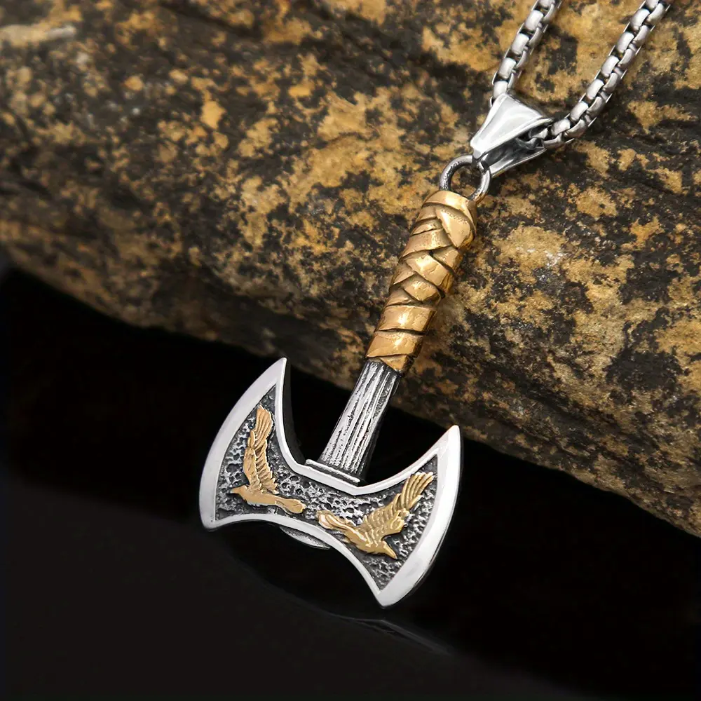 1pc Viking Crow Double-sided Axe Necklace, Cool Retro Men's Titanium Steel Pendant Jewelry
