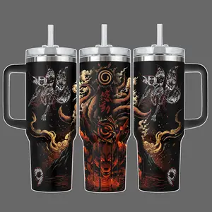 Kuma Nine Tails Power - NRT Stainless Steel Insulated Travel Tumbler With Handle 20oz 40oz Anime Wrap Design Lid & Straw