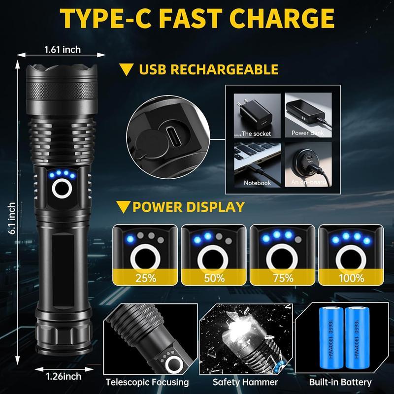 2PACKS High Lumen Rechargeable LED Flashlights Ultra-Bright Flashlights 5 Modes With COB Light Tactical Accessories,Zoom-able Torch Handheld Flashlight，For Outdoor Emergency Signaling Backyard BBQ Adjust Brightness Labor Day spotlight