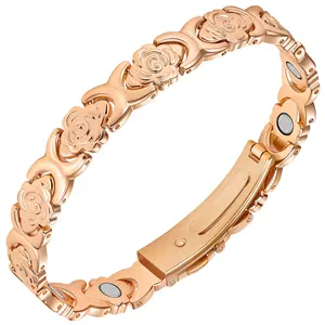 Feraco Pure Copper Bracelets for Women Ultra Strength Magnetic Bracelet with 3800 Gauss Magnets & Sparkling Cubic Zirconia Adjustable,Rose Style