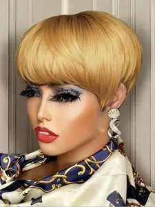 Women Short Pixie Cut Wig, Human Hair Machine-Made Wigs with Bangs Perfect for Daily Wear