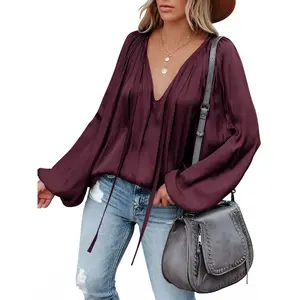 Plus size women's sexy deep V-neck chiffon slim fit shirt, lantern long sleeves, plus size drawstring silk satin robe, suitable for casual and party wearRAIMENTRY