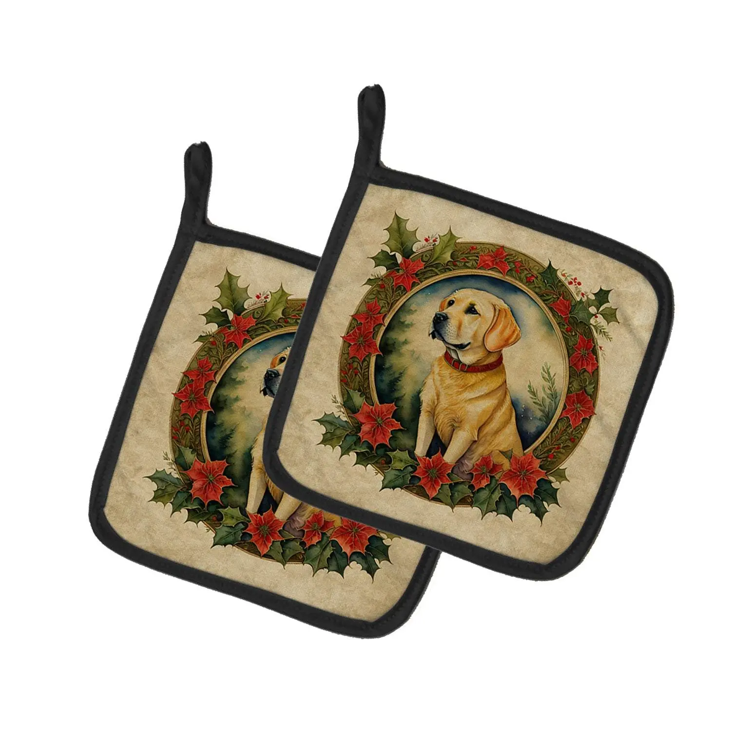 Labrador Retriever Christmas Flower Themed Tableware Pot Holders, Set of 2 for Home & Garden Use