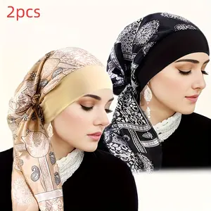 [Stylish Headscarf Cap] 2pcs Stylish Stretch Wide-Brimmed Printed Headscarf Cap |   Wrap Cap, Pirate Hat, Printed Tie-Up Cap for Casual Home and Outdoor Wear
