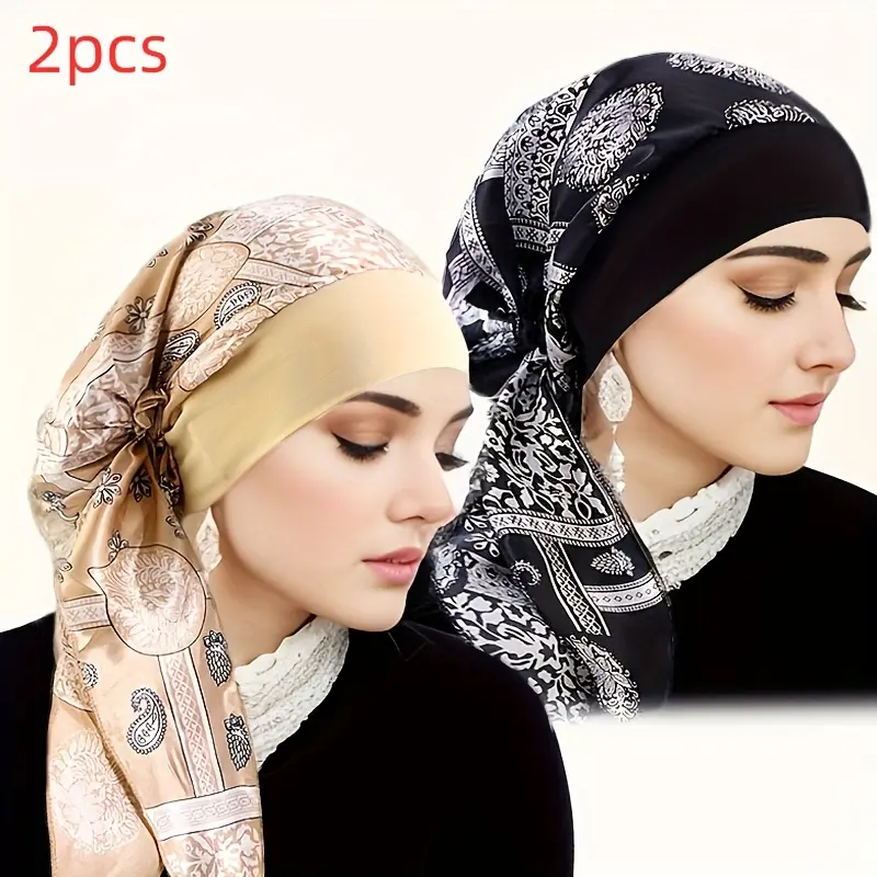 [Stylish Headscarf Cap] 2pcs Stylish Stretch Wide-Brimmed Printed Headscarf Cap |   Wrap Cap, Pirate Hat, Printed Tie-Up Cap for Casual Home and Outdoor Wear