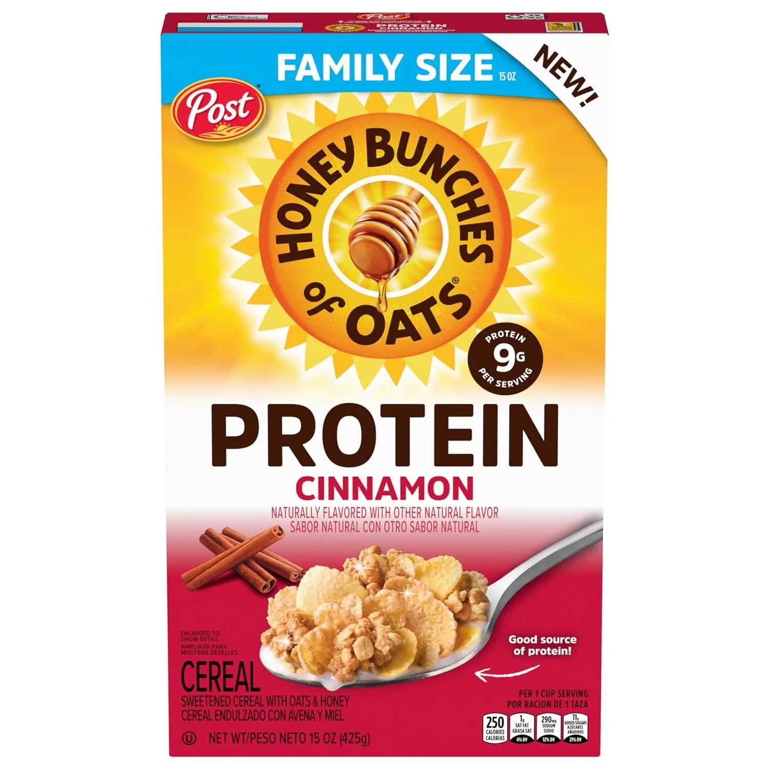 Honey Bunches of Oats Cinnamon Protein Breakfast Cereal, 15 oz Box