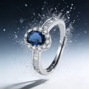 AELNEN Oval Halo Statement Ring - S925 Adjustable Blue CZ Pave Ring - Baguette Accent Elegant Jewelry - Gift for Her