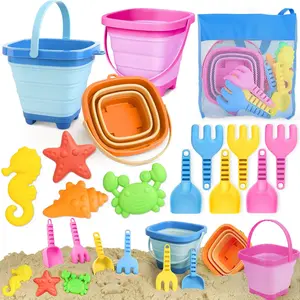 Beach Toys for Kids Ages 3-10, Collapsible Sand Castle Toys for Beach Including 3 Pack Foldable Buckets, Shovels Molds and Storage Mesh Bag, Sandbox Travel Toy for Toddlers Kids
